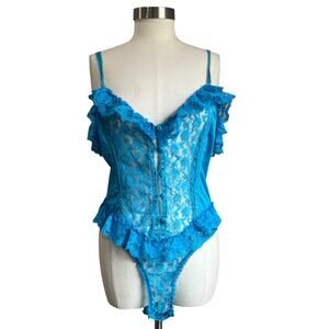 70s Lace Blue Ruffle Bodysuit Teddy Size Medium